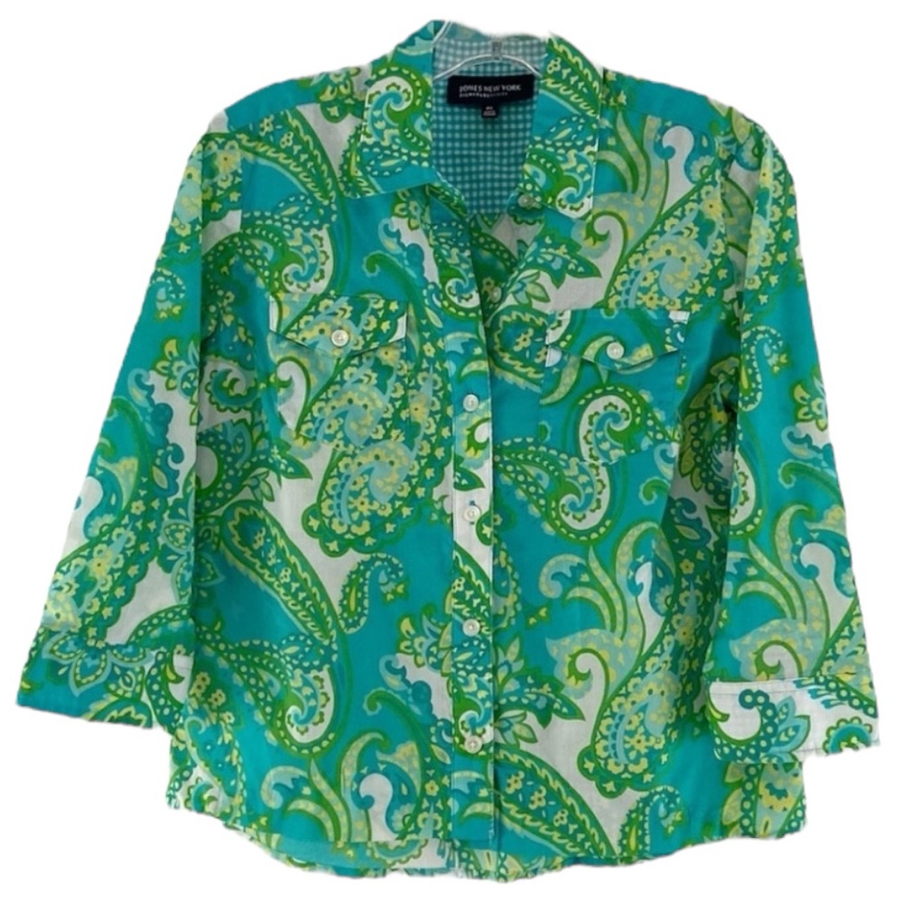 Turquoise Paisley Blouse Jones New York Petite Small, Lightweight Button Down